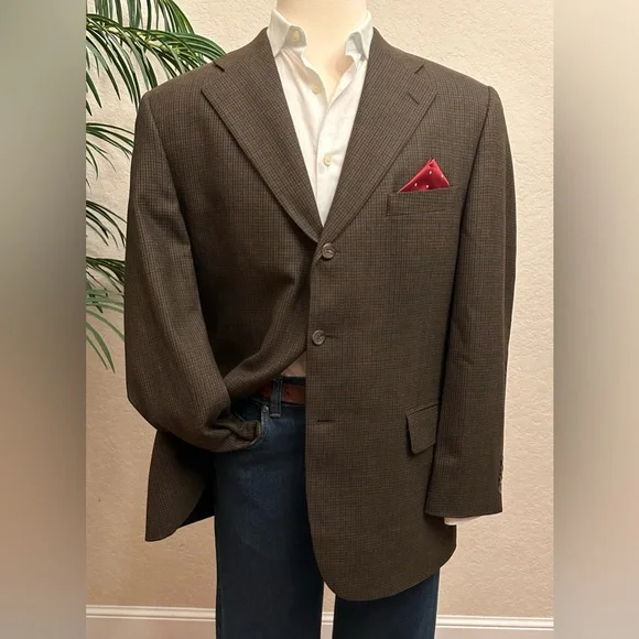 HAROLD POWELL BLAZER SIZE 44 BROWN CHECK SPORT COAT WOOL CASHMERE SUIT JACKET